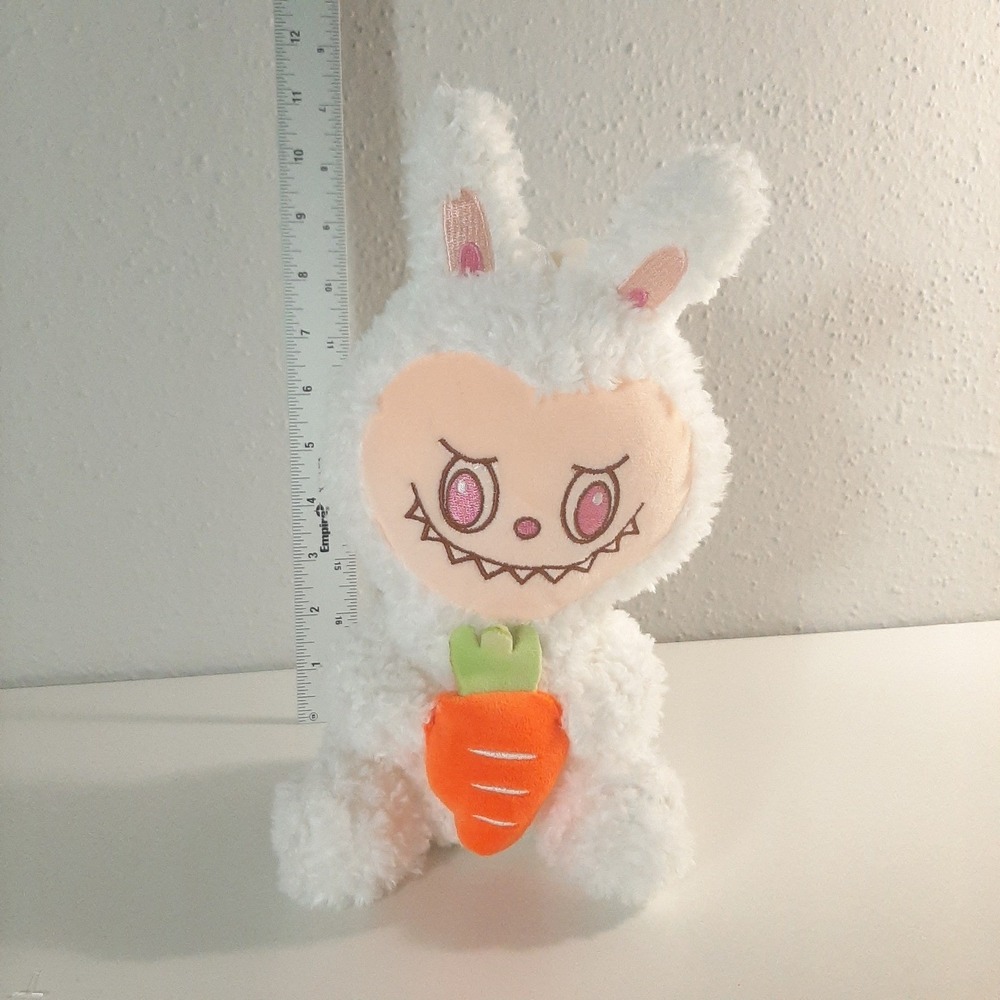 White Fluffy Bunny Plush Toothy Grin Rabbit with Carrot 9 Inch Japanese